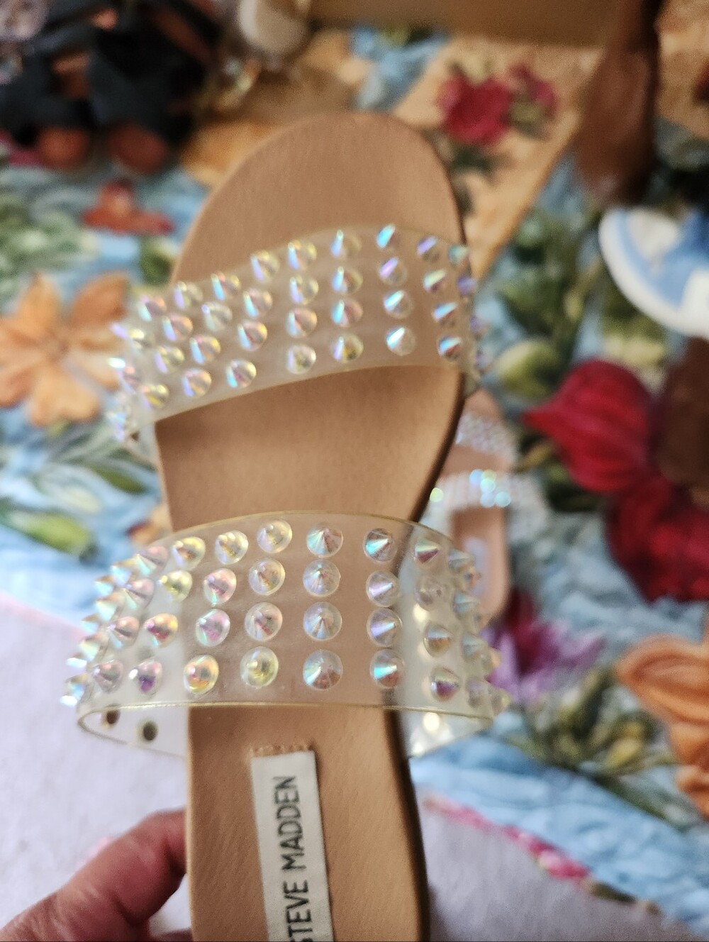 Steve Madden Clear Slide Sandals with Iridescent Studs - Nude